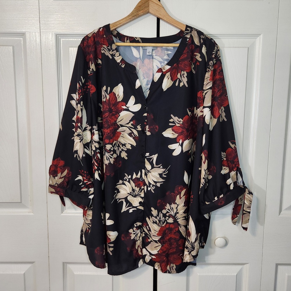 Catherines Plus Size 2X Floral Button Front Blouse Tie Sleeve Black Red Top